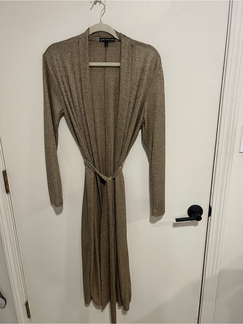 Gibsonlook Gold Knit Duster Cardigan Gilded Wrap with Self-Tie Waist - Gold